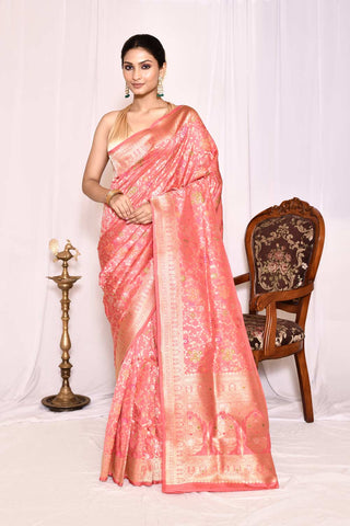 Peach Pure Katan Silk Banarasi Handloom Silk Saree