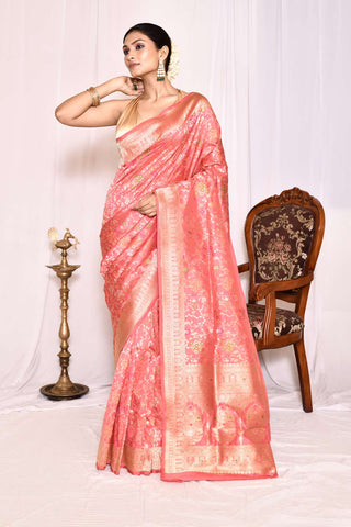 Peach Pure Katan Silk Banarasi Handloom Silk Saree