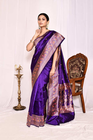 Voilet Pure Katan Silk Banarasi Handloom Silk Saree