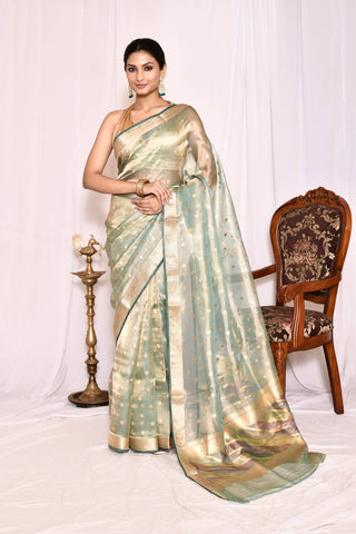 Pastel Fern Pure Kora Tissue Banarasi Handloom Silk Saree