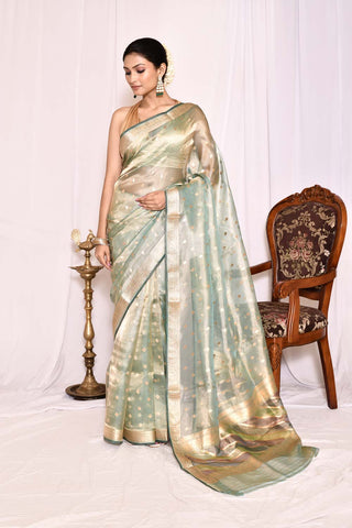 Pastel Fern Pure Kora Tissue Banarasi Handloom Silk Saree