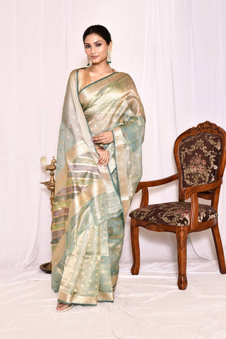 Pastel Fern Pure Kora Tissue Banarasi Handloom Silk Saree