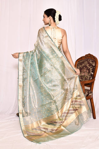 Pastel Fern Pure Kora Tissue Banarasi Handloom Silk Saree