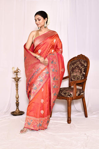 Orange Pure Katan Silk Banarasi Handloom Silk Saree