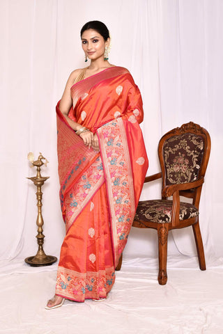 Orange Pure Katan Silk Banarasi Handloom Silk Saree