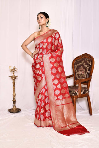 Classic Red  Pure Katan Silk Banarasi Handloom Silk Saree