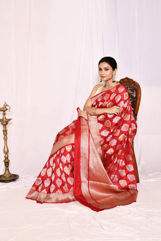 Classic Red  Pure Katan Silk Banarasi Handloom Silk Saree