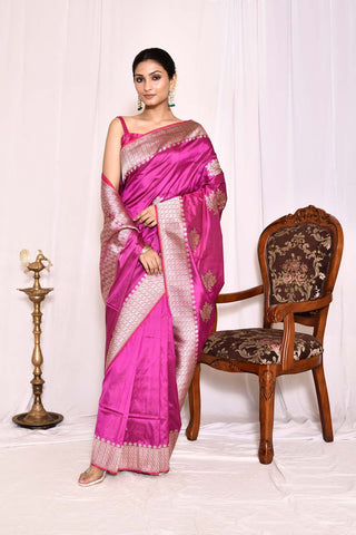 Barbie Pink Pure Katan Silk Banarasi Handloom Silk Saree