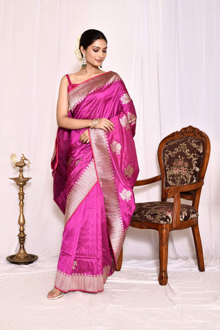 Barbie Pink Pure Katan Silk Banarasi Handloom Silk Saree