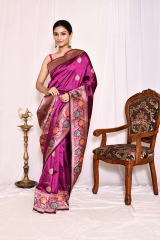 Magenta Purple Pure Katan Silk Banarasi Handloom Silk Saree