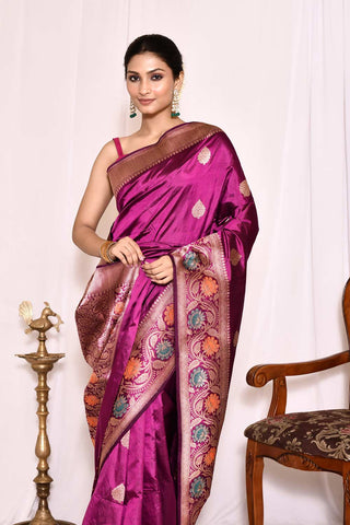 Magenta Purple Pure Katan Silk Banarasi Handloom Silk Saree