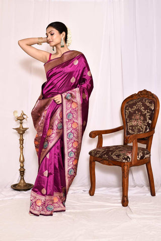 Magenta Purple Pure Katan Silk Banarasi Handloom Silk Saree