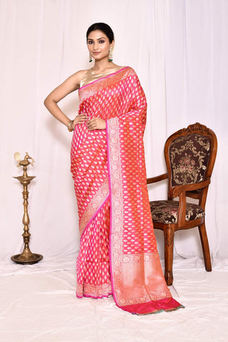 Pink-Orange Pure Katan Silk Banarasi Handloom Silk saree