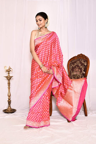 Pink-Orange Pure Katan Silk Banarasi Handloom Silk saree