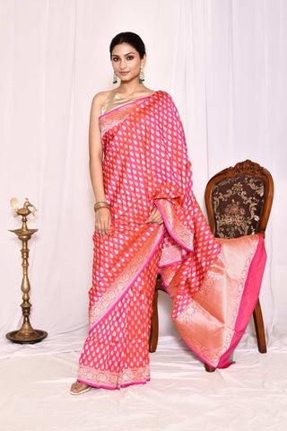 Pink-Orange Pure Katan Silk Banarasi Handloom Silk saree