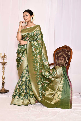 Mehendi Green Pure Katan Silk Banarasi Handloom Saree