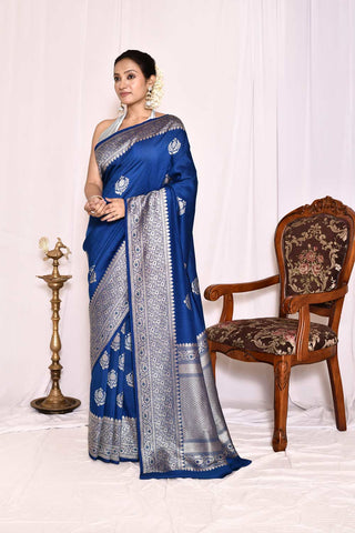 Blue Pure Tussar Georgette Silk Banarasi Handloom Silk Saree