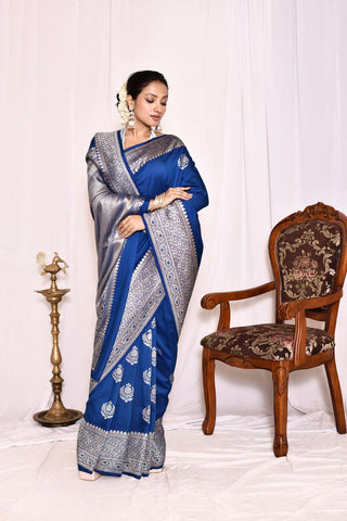 Blue Pure Tussar Georgette Silk Banarasi Handloom Silk Saree