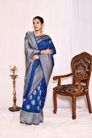 Blue Pure Tussar Georgette Silk Banarasi Handloom Silk Saree