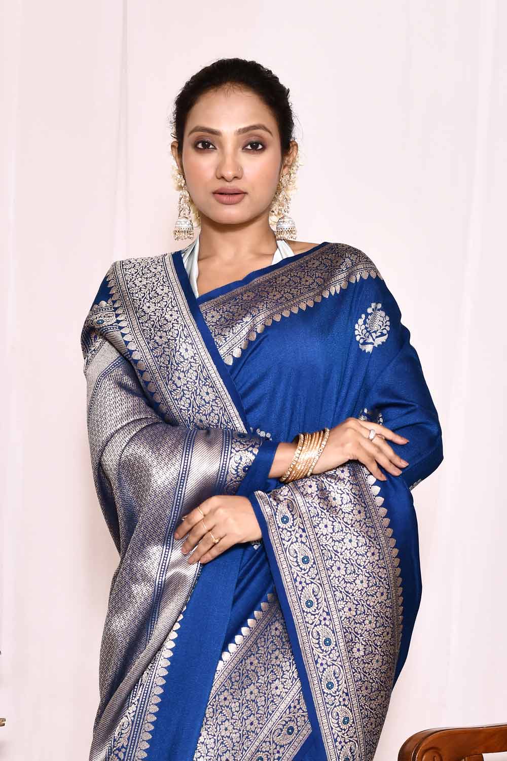 Blue Pure Tussar Georgette Silk Banarasi Handloom Silk Saree