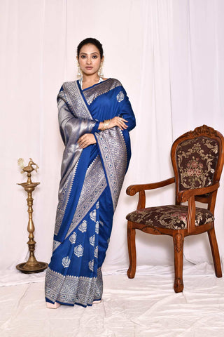 Blue Pure Tussar Georgette Silk Banarasi Handloom Silk Saree