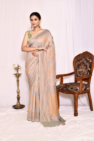 Dusty Green-Grey And Mustard Pure Crepe Georgette Banarasi Handloom Silk Saree