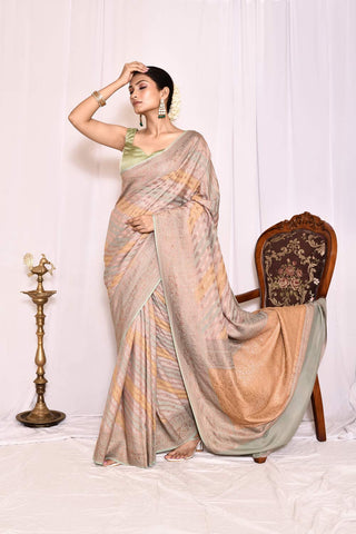 Dusty Green-Grey And Mustard Pure Crepe Georgette Banarasi Handloom Silk Saree