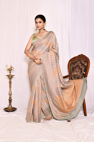 Dusty Green-Grey And Mustard Pure Crepe Georgette Banarasi Handloom Silk Saree