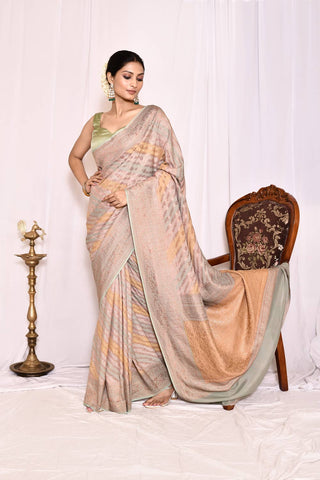 Dusty Green-Grey And Mustard Pure Crepe Georgette Banarasi Handloom Silk Saree