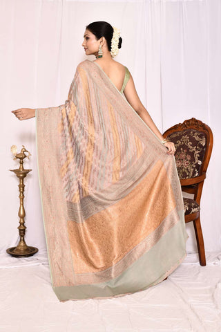 Dusty Green-Grey And Mustard Pure Crepe Georgette Banarasi Handloom Silk Saree