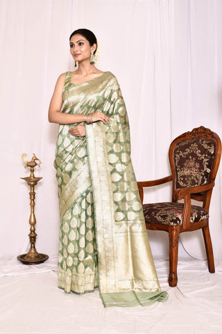 Sage Green Pure Kora Silk  Banarasi Handloom Silk Saree