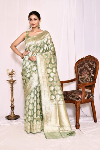 Sage Green Pure Kora Silk  Banarasi Handloom Silk Saree