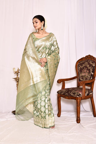 Sage Green Pure Kora Silk  Banarasi Handloom Silk Saree