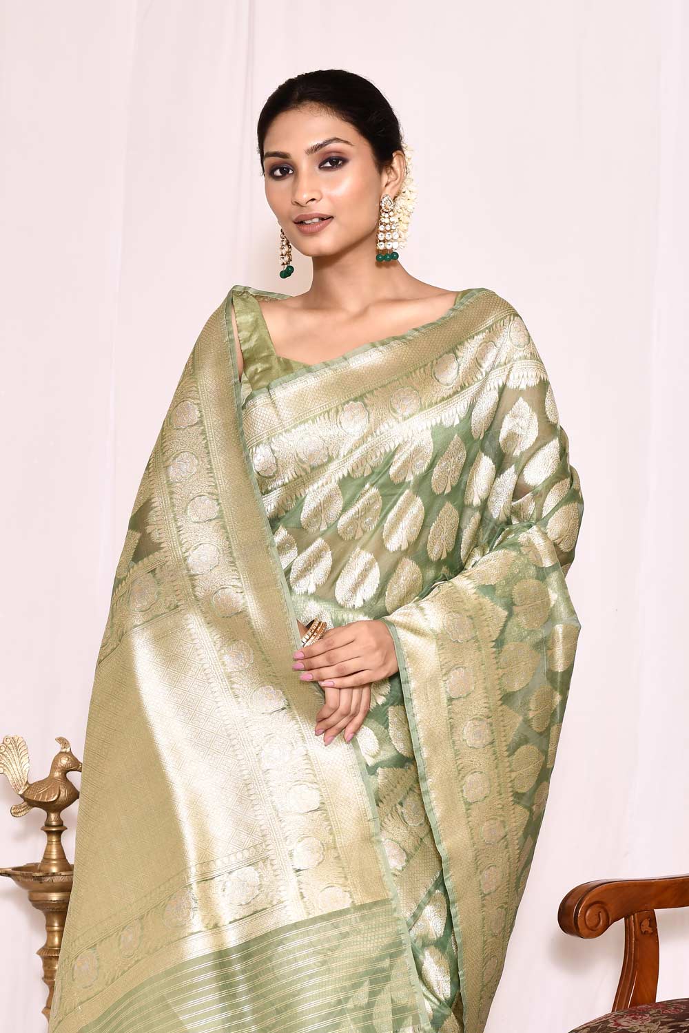 Sage Green Pure Kora Silk  Banarasi Handloom Silk Saree