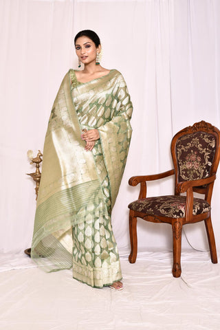 Sage Green Pure Kora Silk  Banarasi Handloom Silk Saree