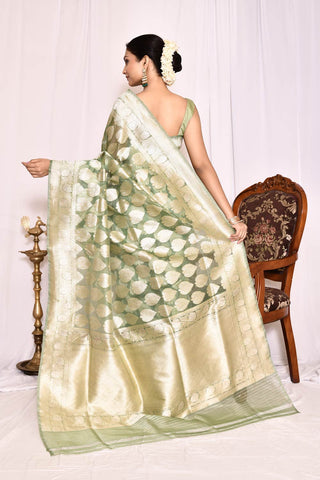 Sage Green Pure Kora Silk  Banarasi Handloom Silk Saree