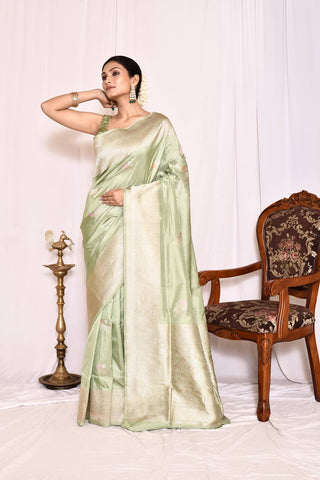 Pista Green Pure Katan Silk Banarasi Handloom Silk Saree