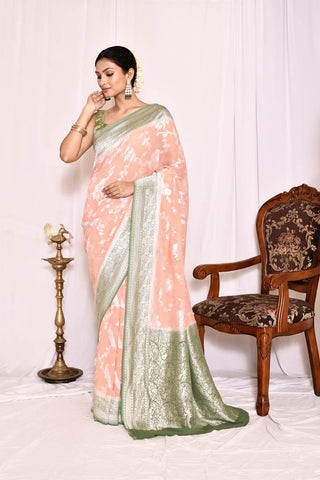 Peach- Green Pure Khaddi Georgette Banarasi Handloom Silk Saree