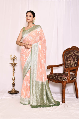 Peach- Green Pure Khaddi Georgette Banarasi Handloom Silk Saree