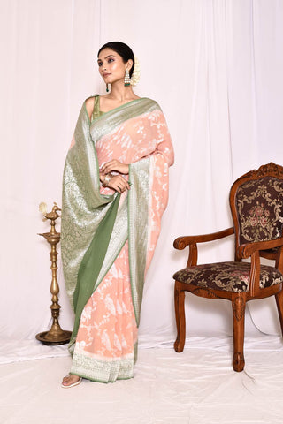 Peach- Green Pure Khaddi Georgette Banarasi Handloom Silk Saree