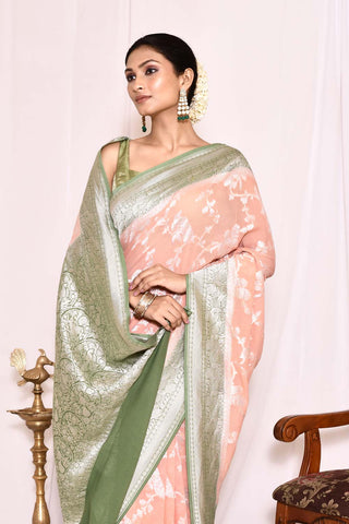 Peach- Green Pure Khaddi Georgette Banarasi Handloom Silk Saree