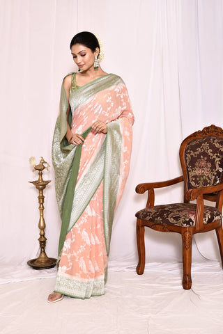 Peach- Green Pure Khaddi Georgette Banarasi Handloom Silk Saree