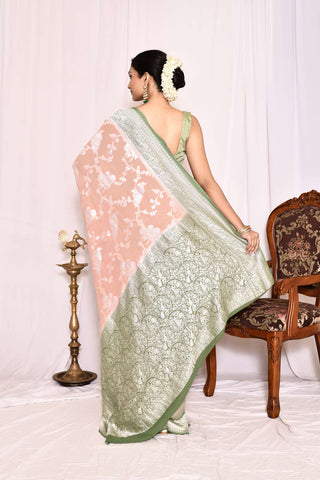 Peach- Green Pure Khaddi Georgette Banarasi Handloom Silk Saree