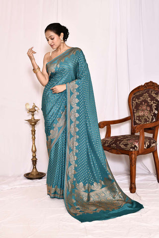 Blue Pure Crepe Georgette Banarasi Handloom Silk Saree