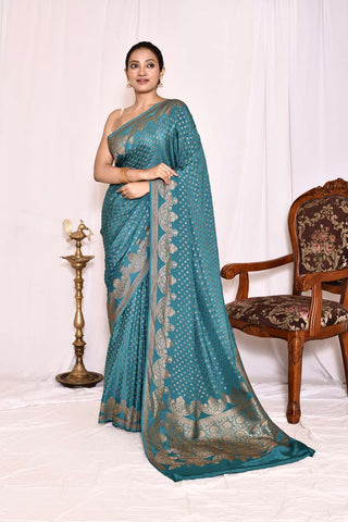 Blue Pure Crepe Georgette Banarasi Handloom Silk Saree