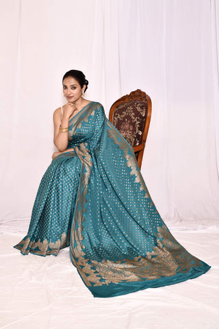 Blue Pure Crepe Georgette Banarasi Handloom Silk Saree