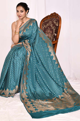 Blue Pure Crepe Georgette Banarasi Handloom Silk Saree