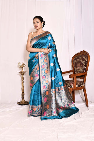 Ocean Blue Pure Katan Silk Banarasi Handloom Silk Saree