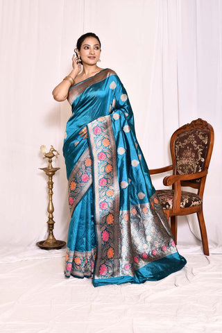 Ocean Blue Pure Katan Silk Banarasi Handloom Silk Saree