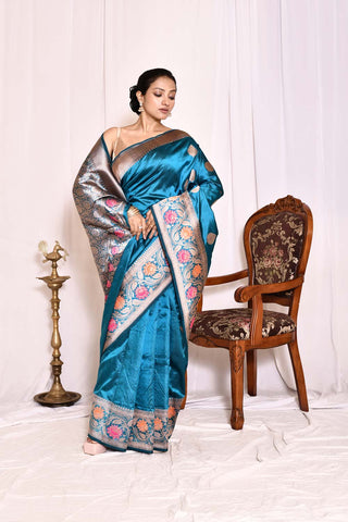 Ocean Blue Pure Katan Silk Banarasi Handloom Silk Saree